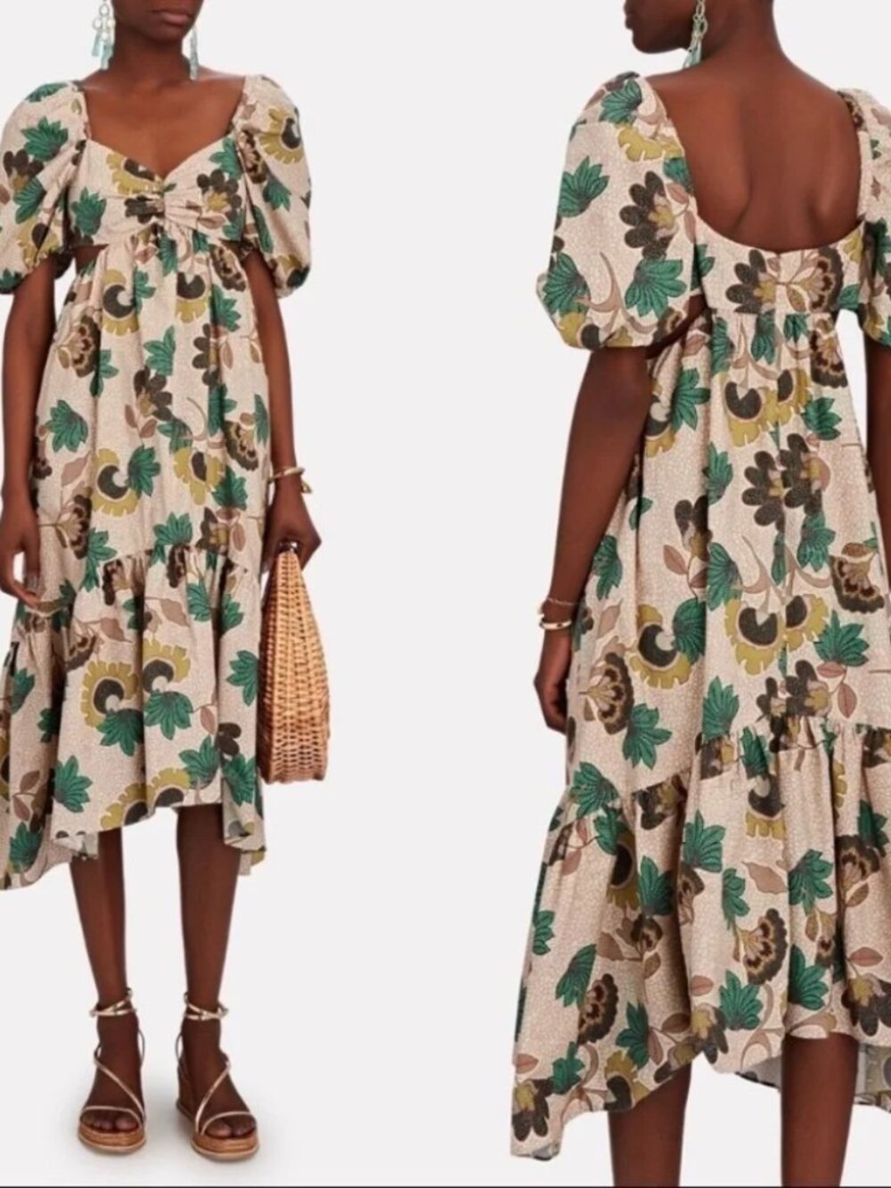 Autumn Adeigbo Midege Dress Puff Sleeve Cutouts Sweetheart Neck Cute Floral Midi